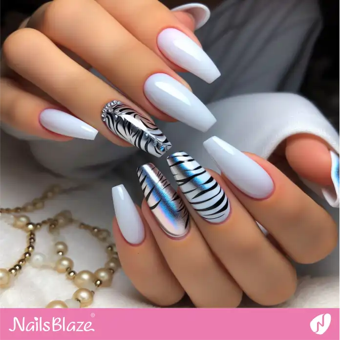 White Nails with Chrome Zebra Print Design | Animal Print Nails - NB2493